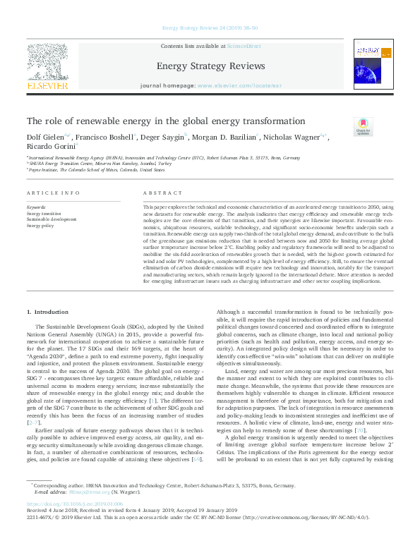 (PDF) The role of renewable energy in the global energy transformation