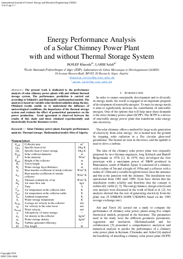 (PDF) Energy Performance Analysis of a Solar Chimney Power Plant with ...