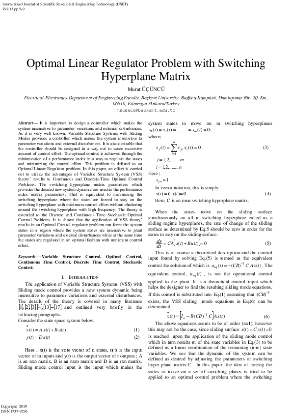 (PDF) Optimal Linear Regulator Problem with Switching Hyperplane Matrix