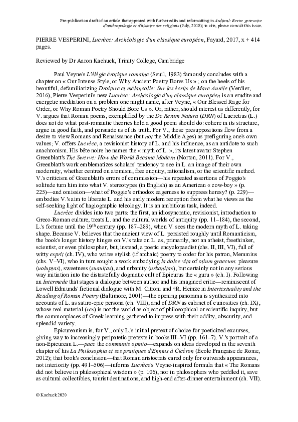 Pdf Kachuck Review Of Vespereini Lucrece Archeologie D Un Classique Europeen ron Kachuck Academia Edu
