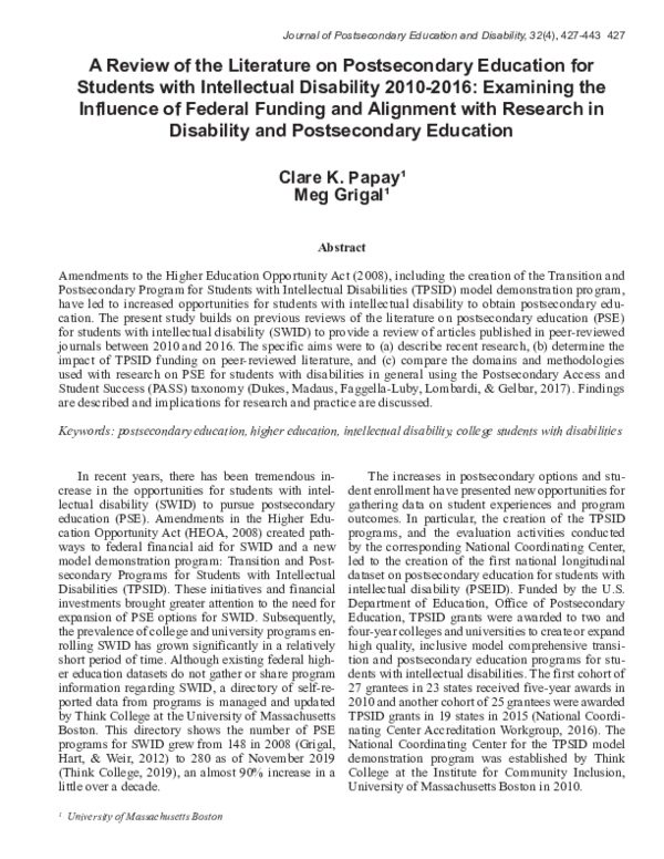 (PDF) A Review of the Literature on Postsecondary Education for