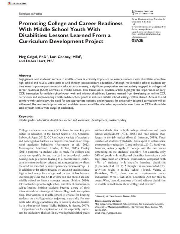 (PDF) Promoting College and Career Readiness With Middle School Youth ...