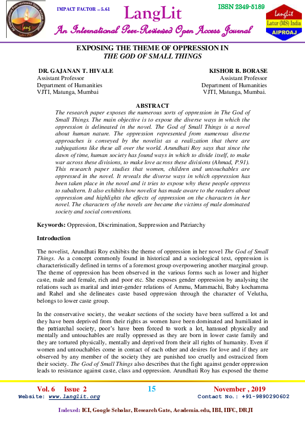 (PDF) EXPOSING THE THEME OF OPPRESSION IN THE GOD OF SMALL THINGS