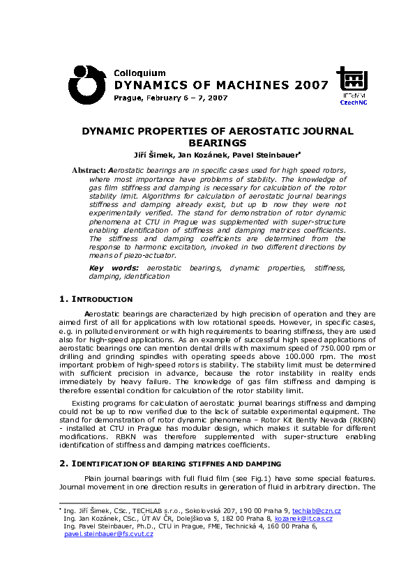 (PDF) Dynamic properties of aerostatic journal bearings Pavel