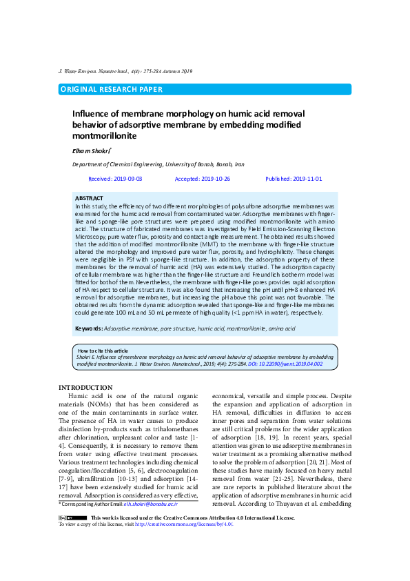 (PDF) Influence of membrane morphology on humic acid removal behavior ...