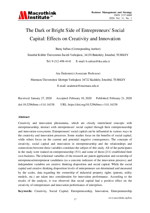 (PDF) The Dark or Bright Side of Entrepreneurs' Social Capital: Effects ...
