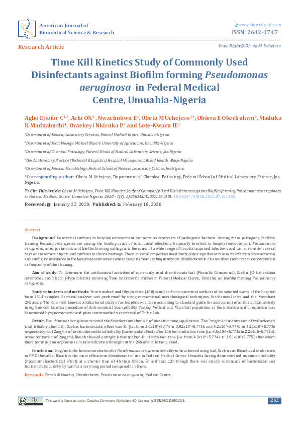 (PDF) Time Kill Study of Commonly Used Disinfectants against Biofilm forming