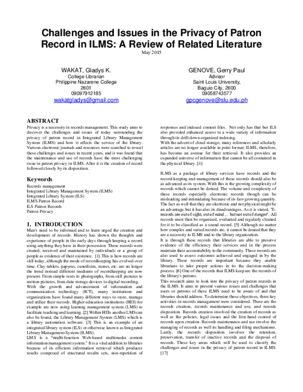 (PDF) Challenges and Issues in the Privacy of Patron Record in ILMS: A ...