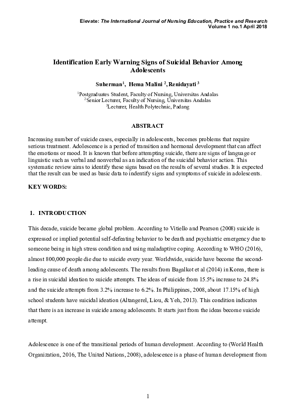 (PDF) Identification Early Warning Signs of Suicidal Behavior Among ...