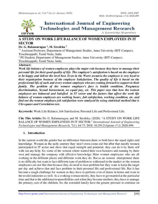 (PDF) A STUDY ON WORK LIFE BALANCE OF WOMEN EMPLOYEES IN IT SECTOR