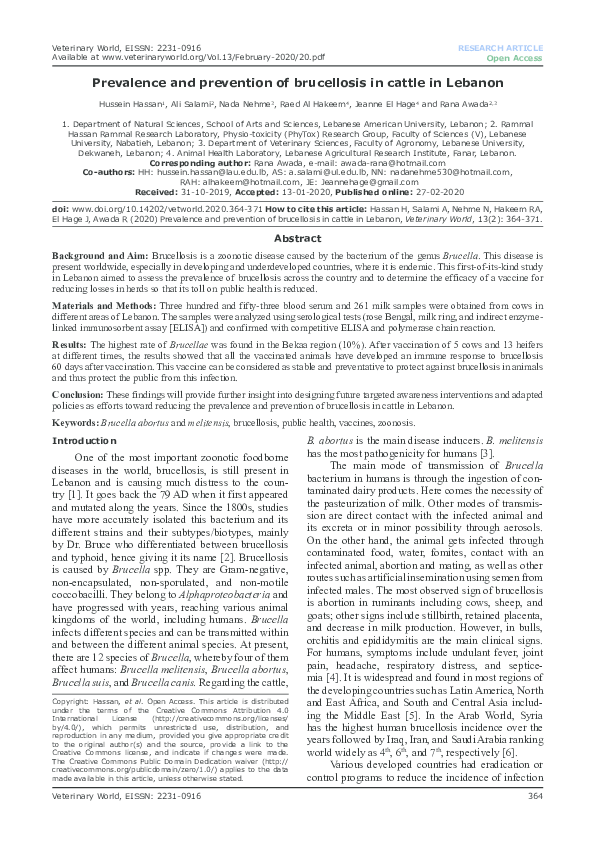 (PDF) Prevalence and prevention of brucellosis in cattle in Lebanon
