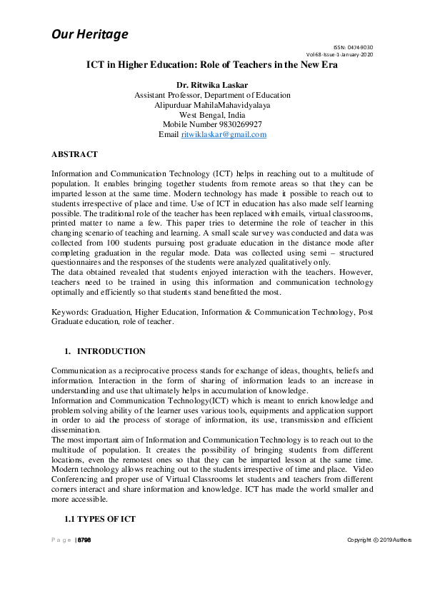 (PDF) ICT in Higher Education: Role of teacher in the new era