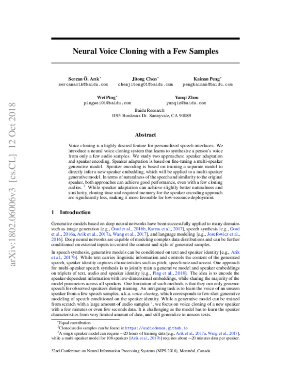 (PDF) Neural Voice Cloning with a Few Samples