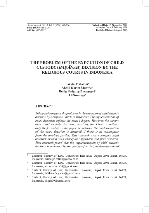 (PDF) THE PROBLEM OF THE EXECUTION OF CHILD CUSTODY (ḤAḌĀNAH) DECISION ...
