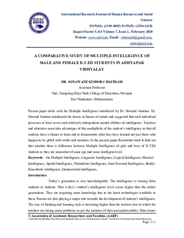 (PDF) A COMPARATIVE STUDY OF MULTIPLE-INTELLIGENCE OF MALE AND FEMALE D ...
