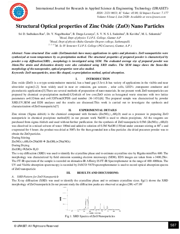 (PDF) Structural Optical properties of Zinc Oxide (ZnO) Nano Particles