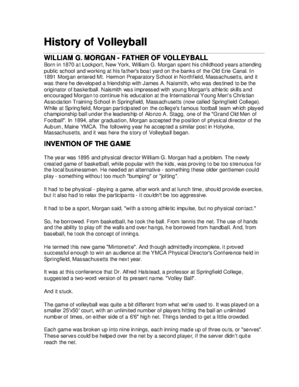 (DOC) History of Volleyball INVENTION OF THE GAME sheryl dacuital