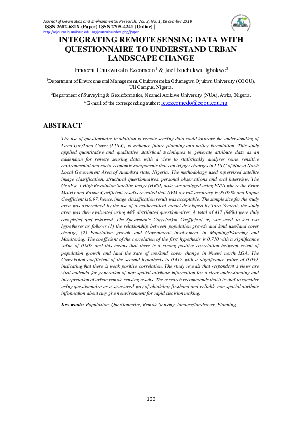 (PDF) INTEGRATING REMOTE SENSING DATA WITH QUESTIONNAIRE TO UNDERSTAND ...