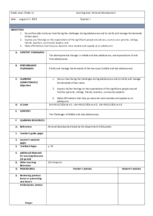 (DOC) Grade Level: Grade 11 Learning Area: Personal Development