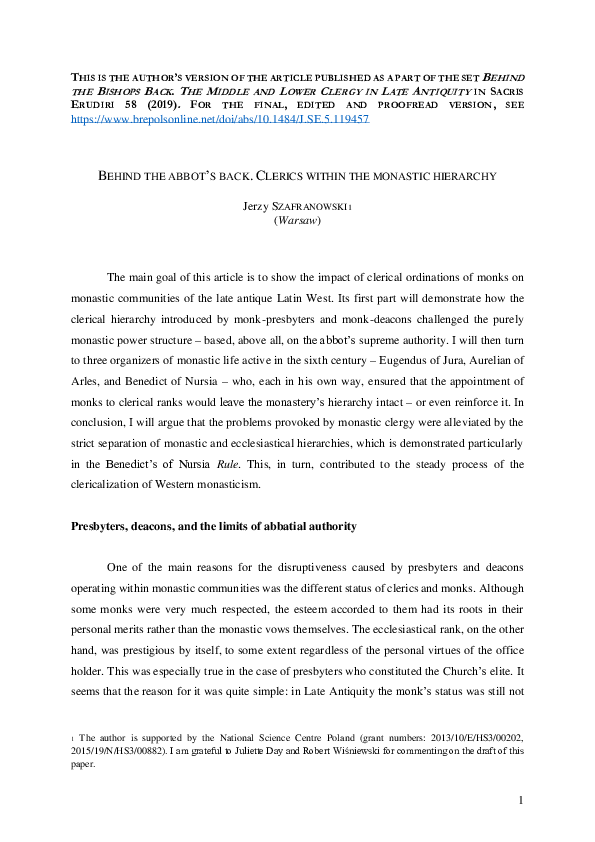 Behind the Abbot’s Back. Clerics within the Monastic Hierarchy, Sacris Erudiri 58 (2019), pp. 285–303