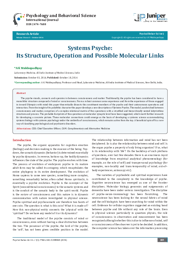 (PDF) Systems Psyche: Its Structure, Operation and Possible Molecular Links