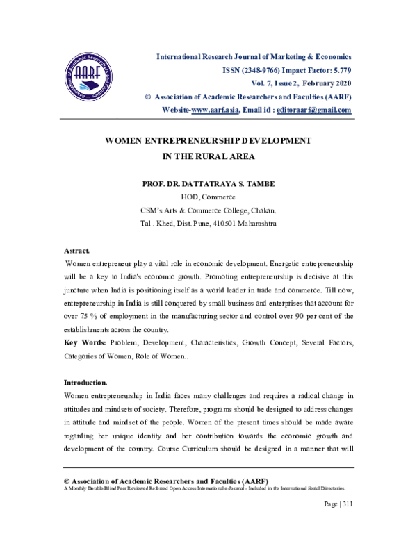 (PDF) WOMEN ENTREPRENEURSHIP DEVELOPMENT IN THE RURAL AREA