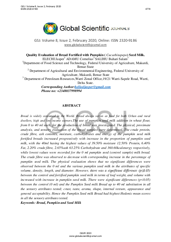 (PDF) Quality Evaluation of Bread Fortified with Pumpkin Cucurbita pepo ...