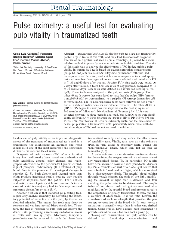 (PDF) Pulse oximetry a useful test for evaluating pulp vitality in