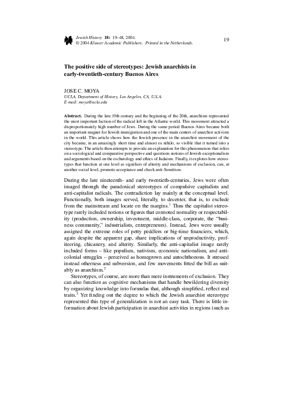 First page of “The positive side of stereotypes: Jewish Anarchists in Buenos Aires”