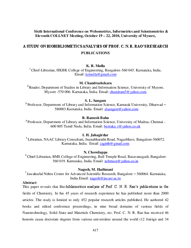 pdf study on biobibliometics analysis of prof c n r rao s