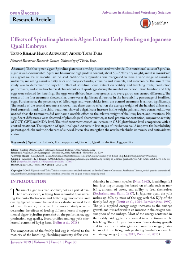 (PDF) Effects of Spirulina platensis Algae Extract Early Feeding on ...