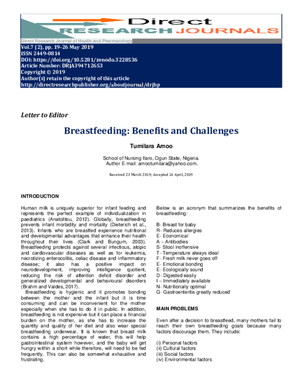 (PDF) Breastfeeding Benefits and Challenges Tumilara Aderibigbe