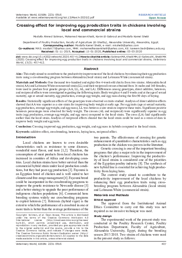 (PDF) Crossing effect for improving egg production traits in chickens ...