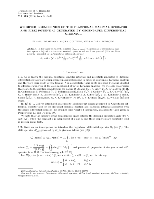 First page of “WEIGHTED BOUNDEDNESS OF THE FRACTIONAL MAXIMAL OPERATOR AND RIESZ POTENTIAL GENERATED BY GEGENBAUER DIFFERENTIAL OPERATOR”