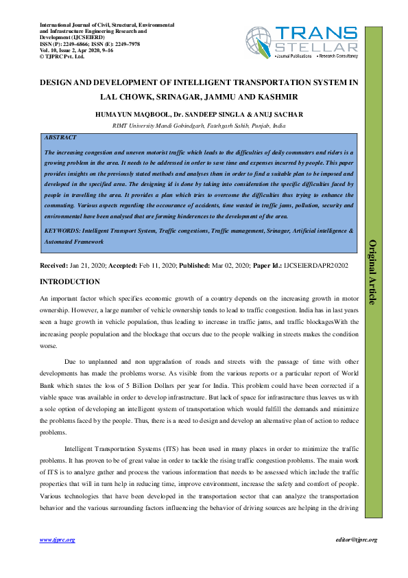 (PDF) DESIGN AND DEVELOPMENT OF INTELLIGENT TRANSPORTATION SYSTEM IN