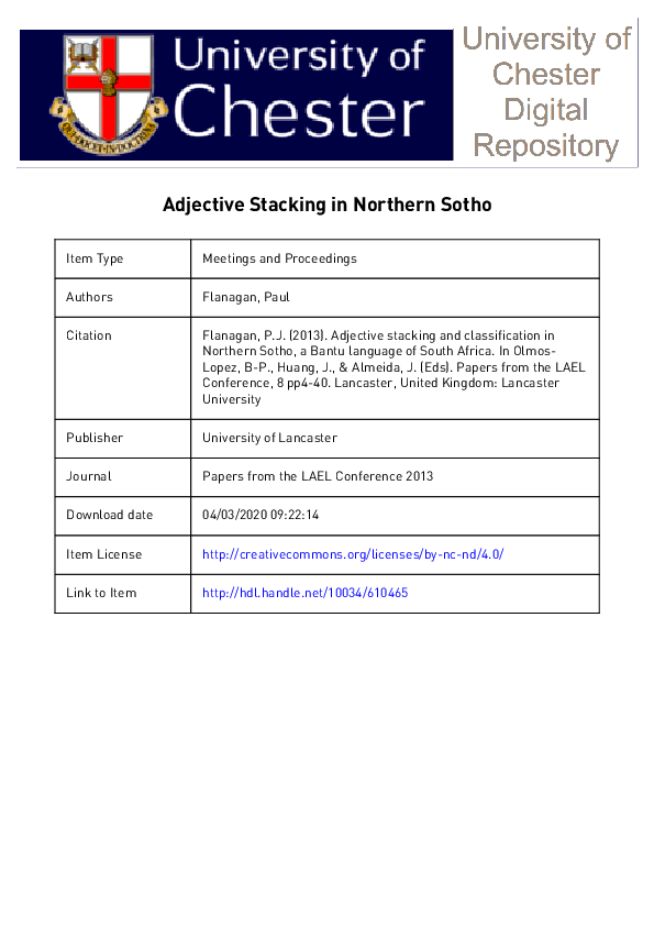 (PDF) Adjective stacking and classification in Northern Sotho, a Bantu language of South Africa