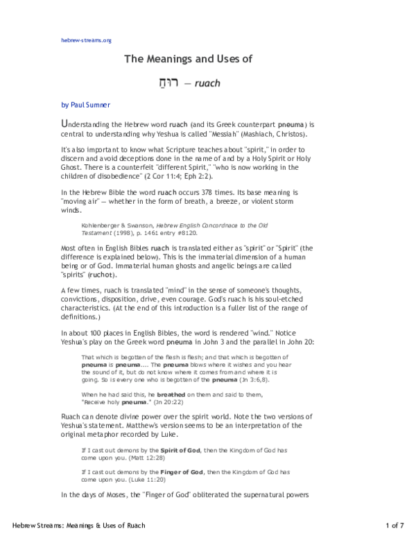 (PDF) The Meanings and Uses of Ruach in Hebrew Bible Paul B Sumner