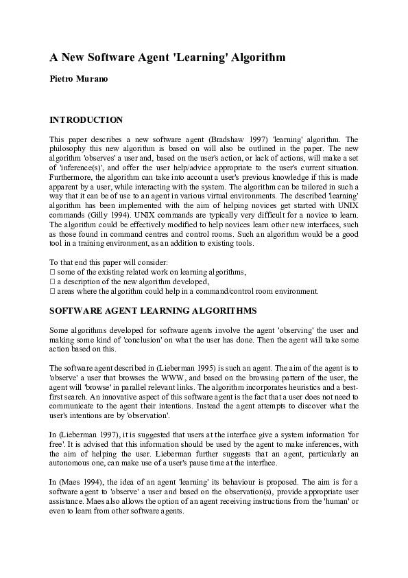 (PDF) A New Software Agent 'Learning' Algorithm