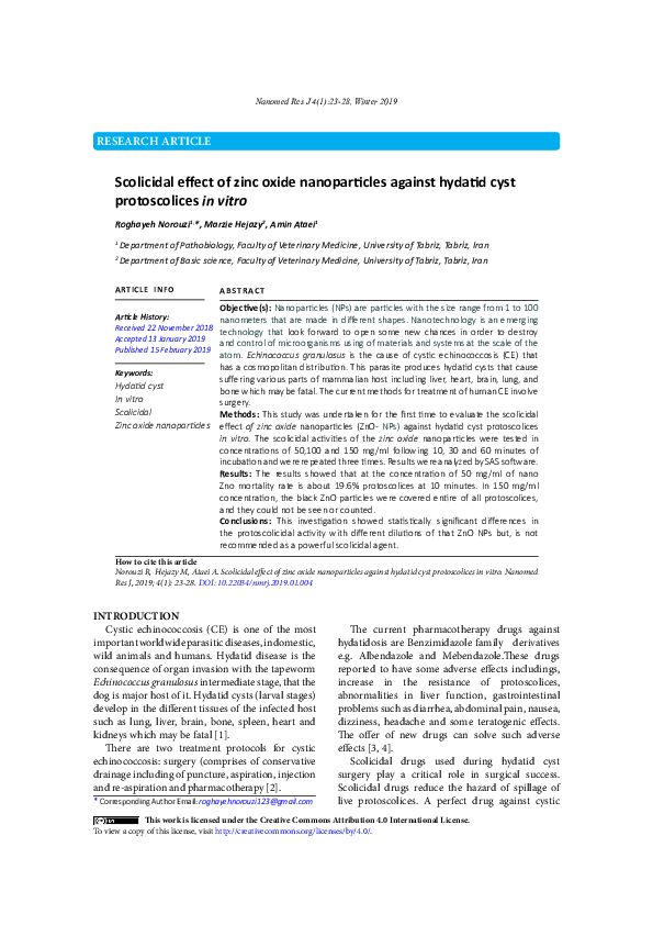 (PDF) Scolicidal effect of zinc oxide nanoparticles against hydatid