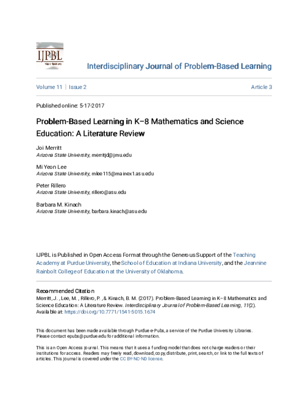 (PDF) Problem-Based Learning in K-8 Mathematics and Science Education ...