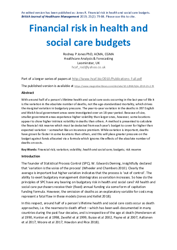 (PDF) Financial risk in health and social care budgets
