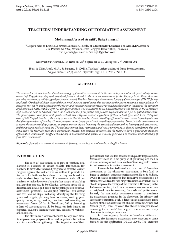 (PDF) TEACHERS' UNDERSTANDING OF FORMATIVE ASSESSMENT