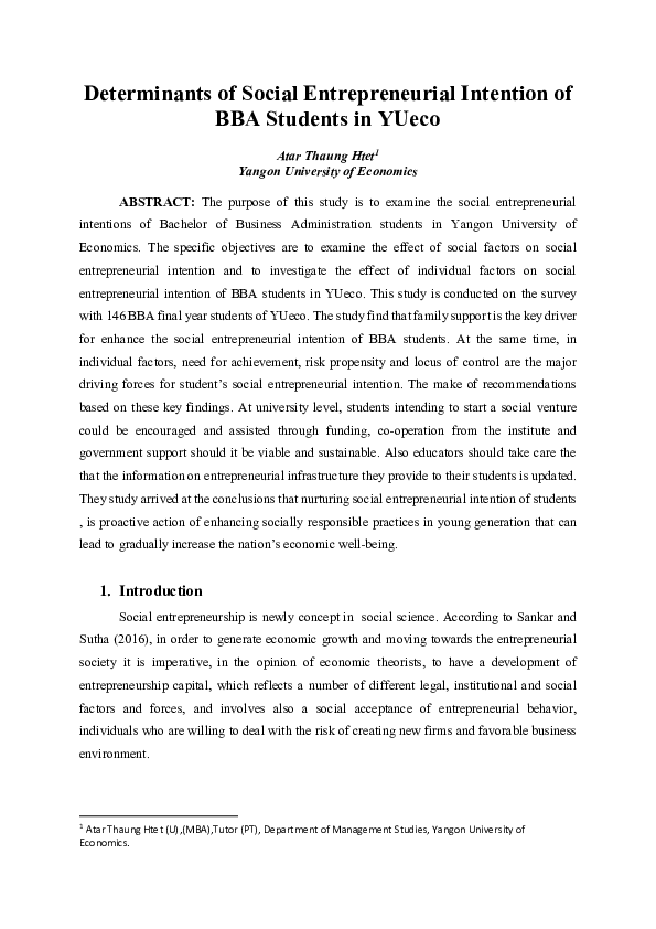 (PDF) Determinants of Social Entrepreneurial Intention of BBA Students ...