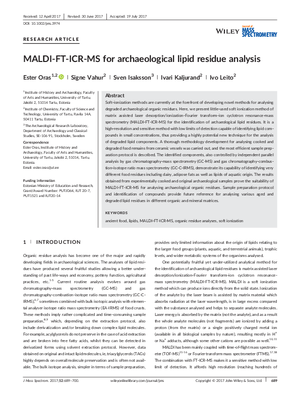 PDF) MALDI-FT-ICR-MS for archaeological lipid residue analysis