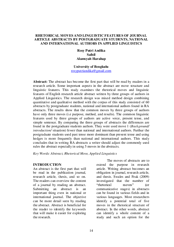 (PDF) RHETORICAL MOVES AND LINGUISTIC FEATURES OF JOURNAL ARTICLE ...
