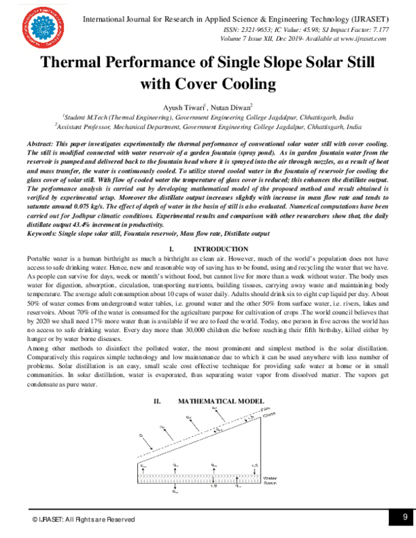 (PDF) Thermal Performance of Single Slope Solar Still with Cover Cooling