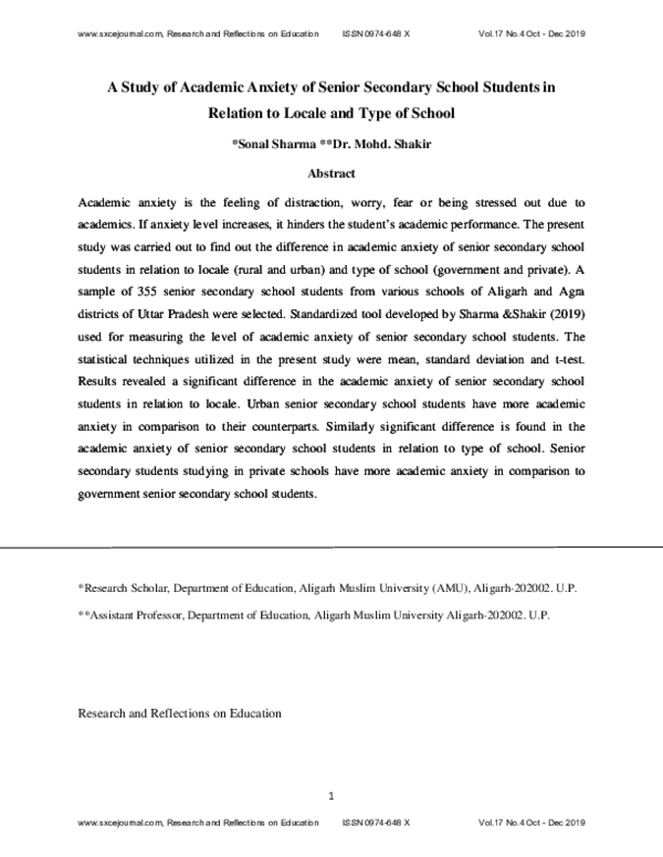 (PDF) A Study of Academic Anxiety of Senior Secondary School Students ...