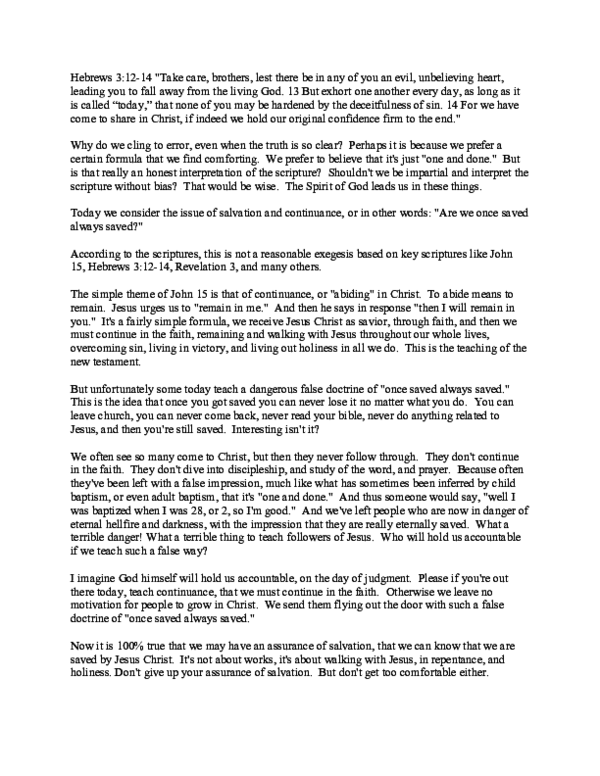 (DOC) Why Once Saved Always Saved is Such a Dangerous False Doctrine