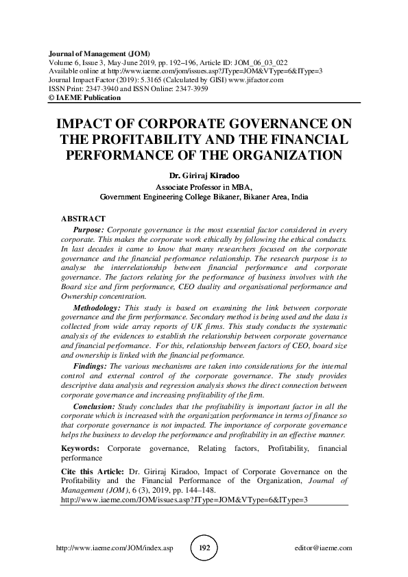 (PDF) Impact of Corporate Governance on the Profitability and the ...