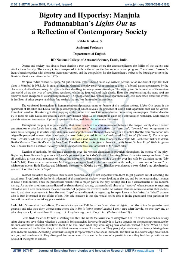 (PDF) Bigotry and Hypocrisy Manjula Padmanabhan’s "Lights Out" as a